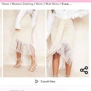 Pretty Little Thing (PLT) Cream Tassel Hem Midi Skirt